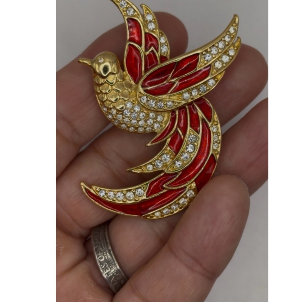 Vintage Giorgio’s Collection Red & Gold-Tone Enamel Crystal Bird Brooch Jewelry - Picture 8 of 9